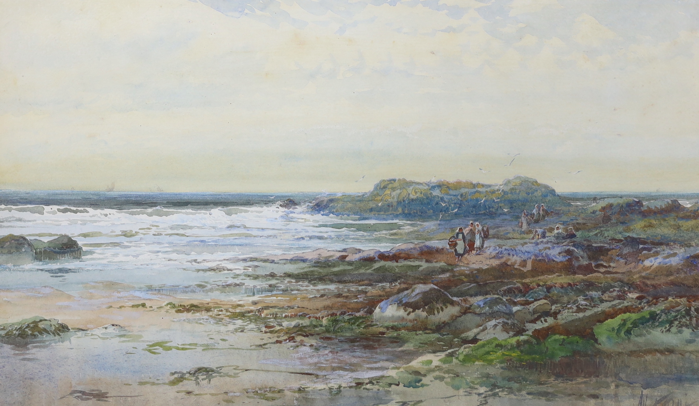 Albert Pollitt (1856-1926) watercolour, 'Oyster gatherers', signed and dated 1902, 35 x 62cm